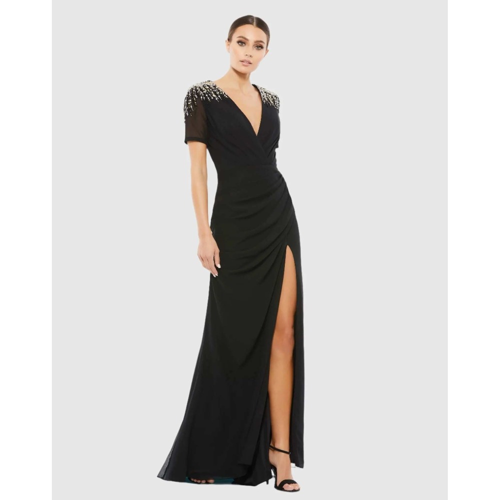 Mac Duggal Black Embellished Shoulder Evening Gown Sz 4